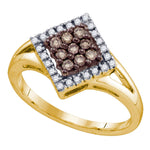 10kt Yellow Gold Womens Round Cognac-brown Color Enhanced Diamond Square Cluster Ring 1/4 Cttw