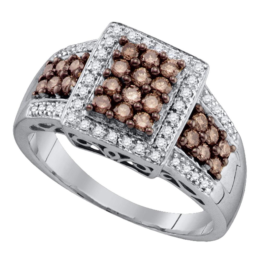 10kt White Gold Womens Round Cognac-brown Color Enhanced Diamond Square Cluster Ring 5/8 Cttw