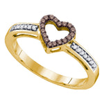 10kt Yellow Gold Womens Round Cognac-brown Color Enhanced Diamond Heart Love Ring 1/10 Cttw