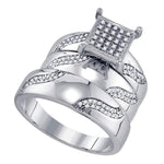 Sterling Silver His & Hers Round Diamond Cluster Matching Bridal Wedding Ring Band Set 3/8 Cttw