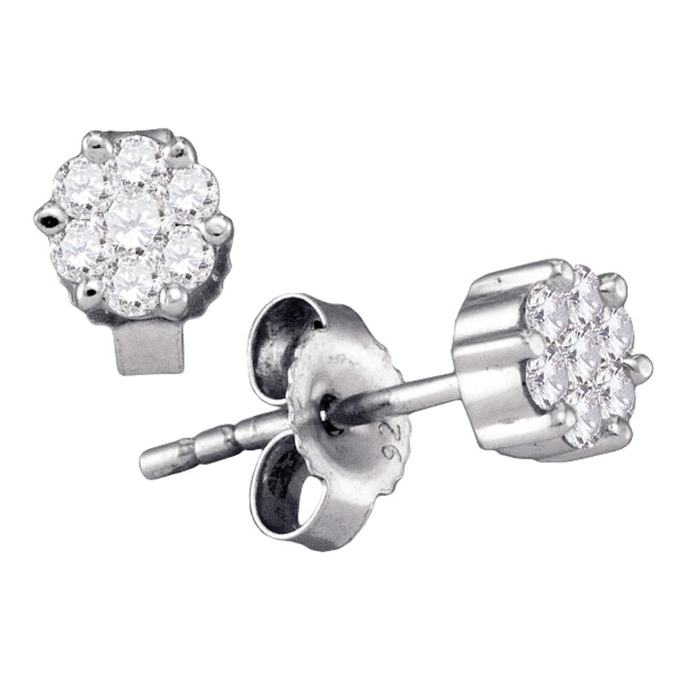 Sterling Silver Womens Round Diamond Flower Cluster Stud Earrings 1/6 Cttw