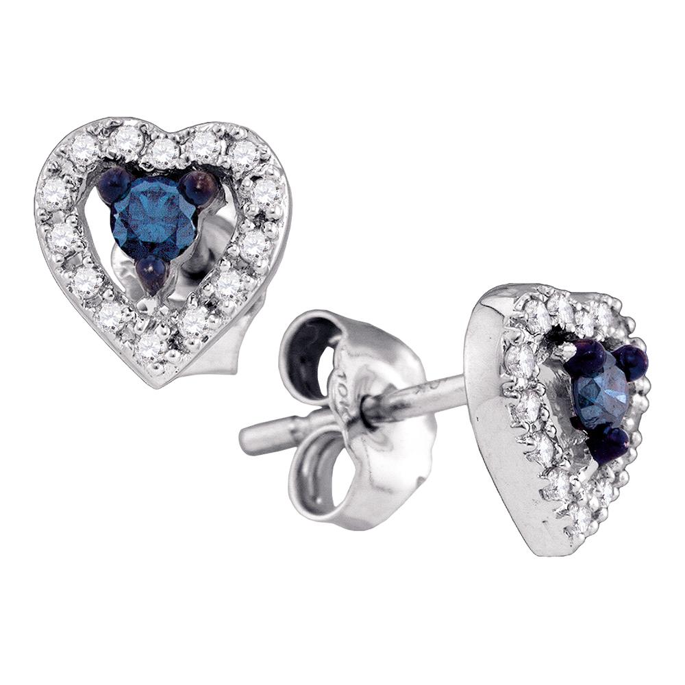 10kt White Gold Womens Round Blue Color Enhanced Diamond Heart Stud Earrings 1/5 Cttw