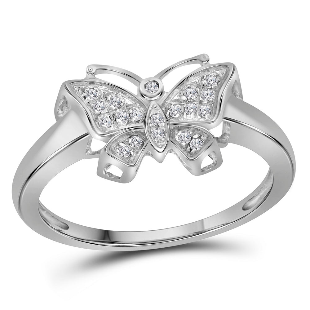 10kt White Gold Womens Round Diamond Butterfly Bug Cluster Fashion Ring 1/12 Cttw