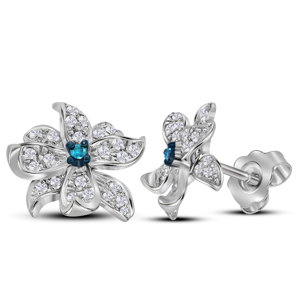 Sterling Silver Womens Round Blue Color Enhanced Diamond Pinwheel Stud Earrings 1/5 Cttw
