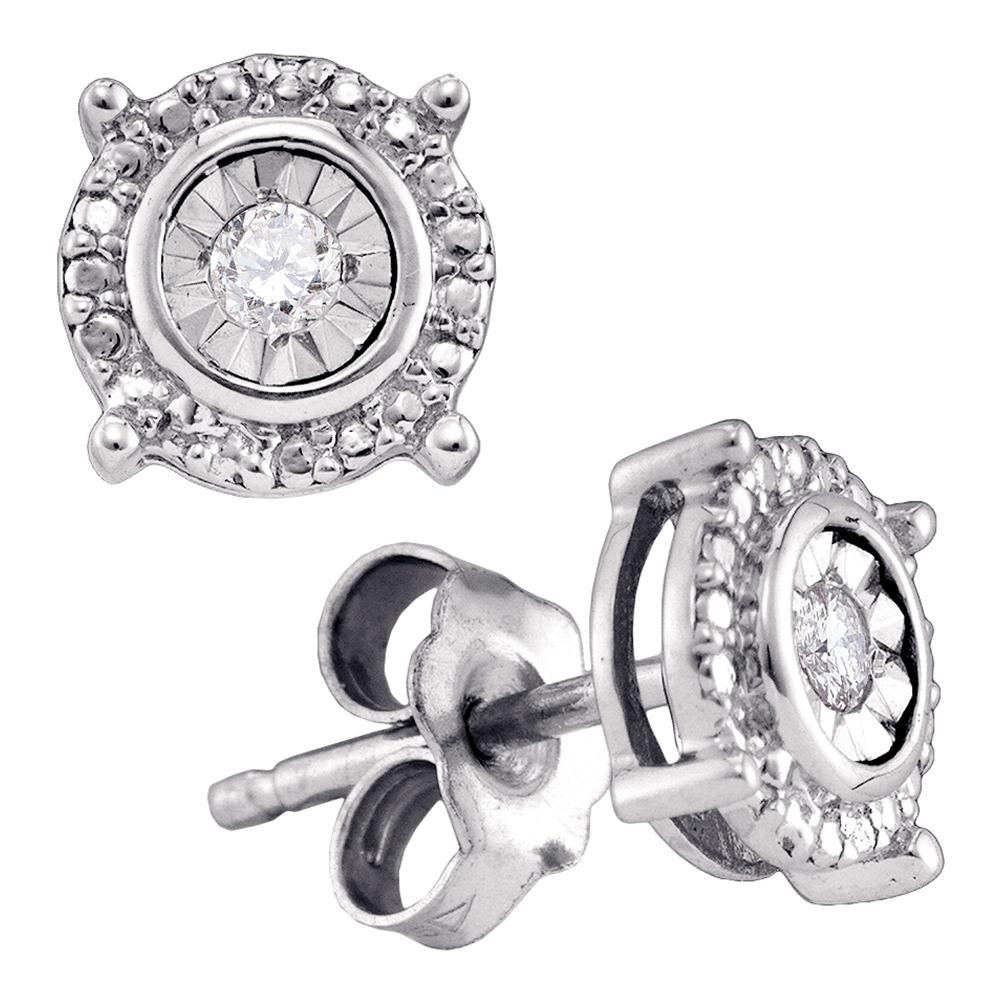 Sterling Silver Womens Round Diamond Solitaire Circle Frame Stud Earrings 1/10 Cttw