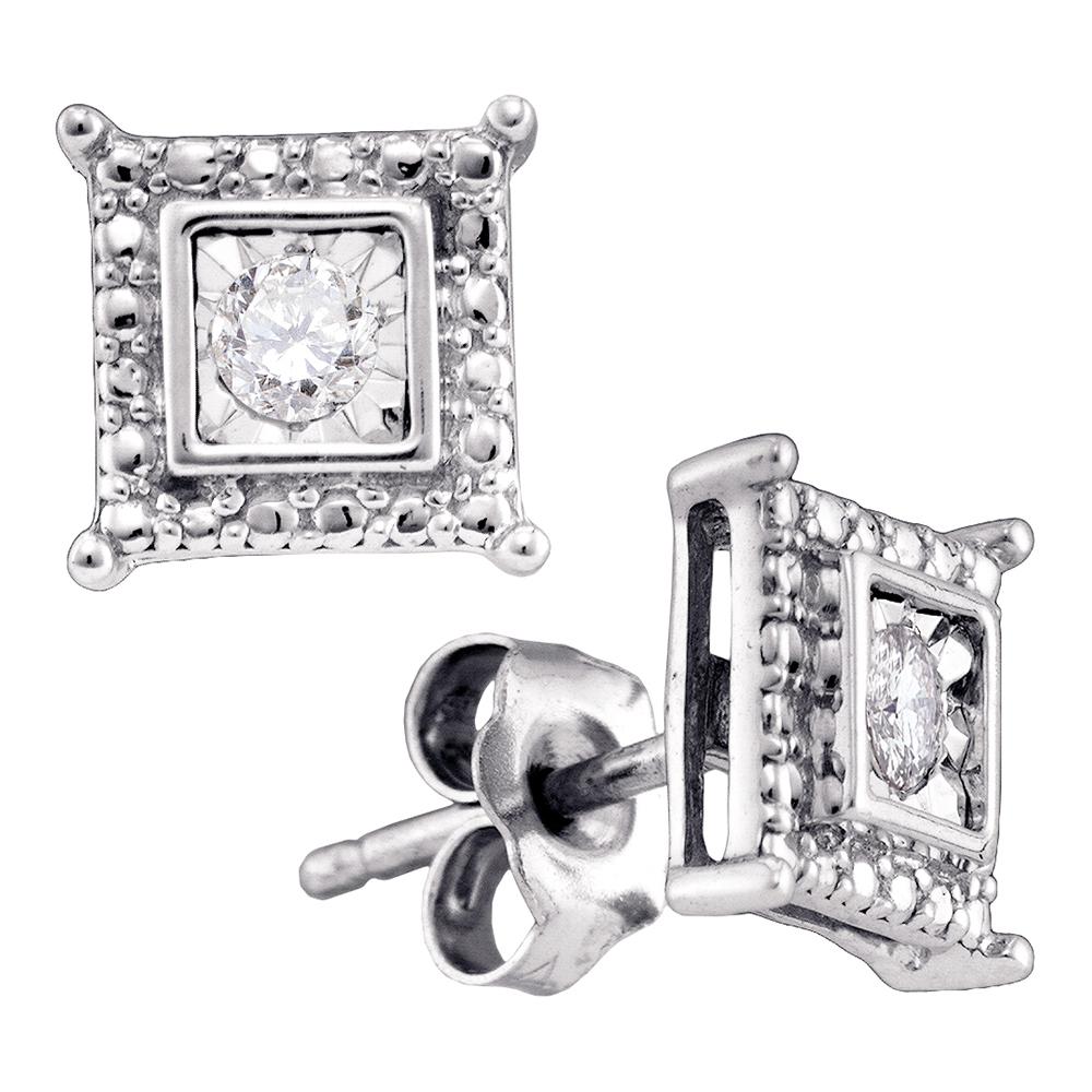 Sterling Silver Womens Round Diamond Solitaire Square Stud Earrings 1/10 Cttw