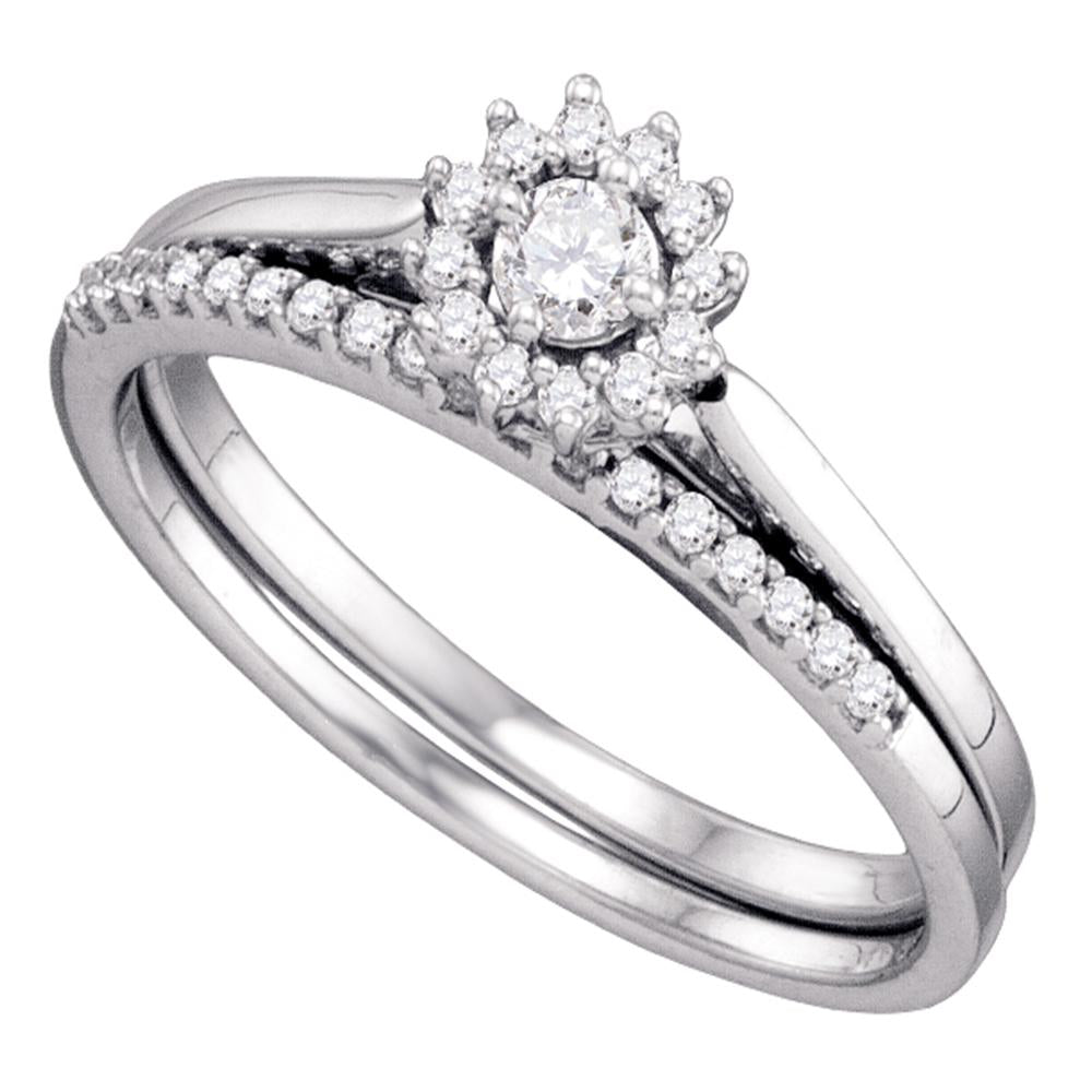 10k White Gold Round Diamond Womens Halo Wedding Bridal Ring Set 1/4 Cttw