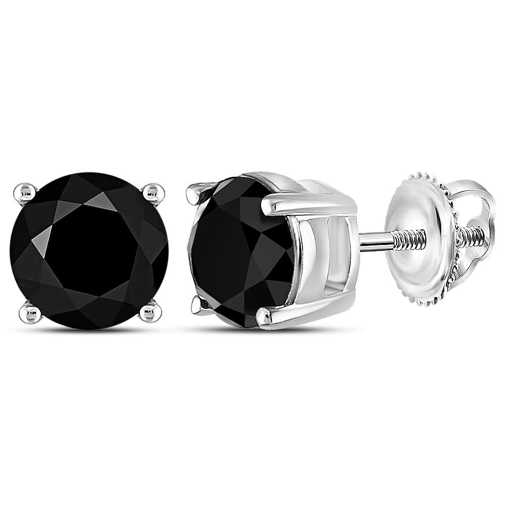 10kt White Gold Unisex Round Black Color Enhanced Diamond Solitaire Stud Earrings 3.00 Cttw