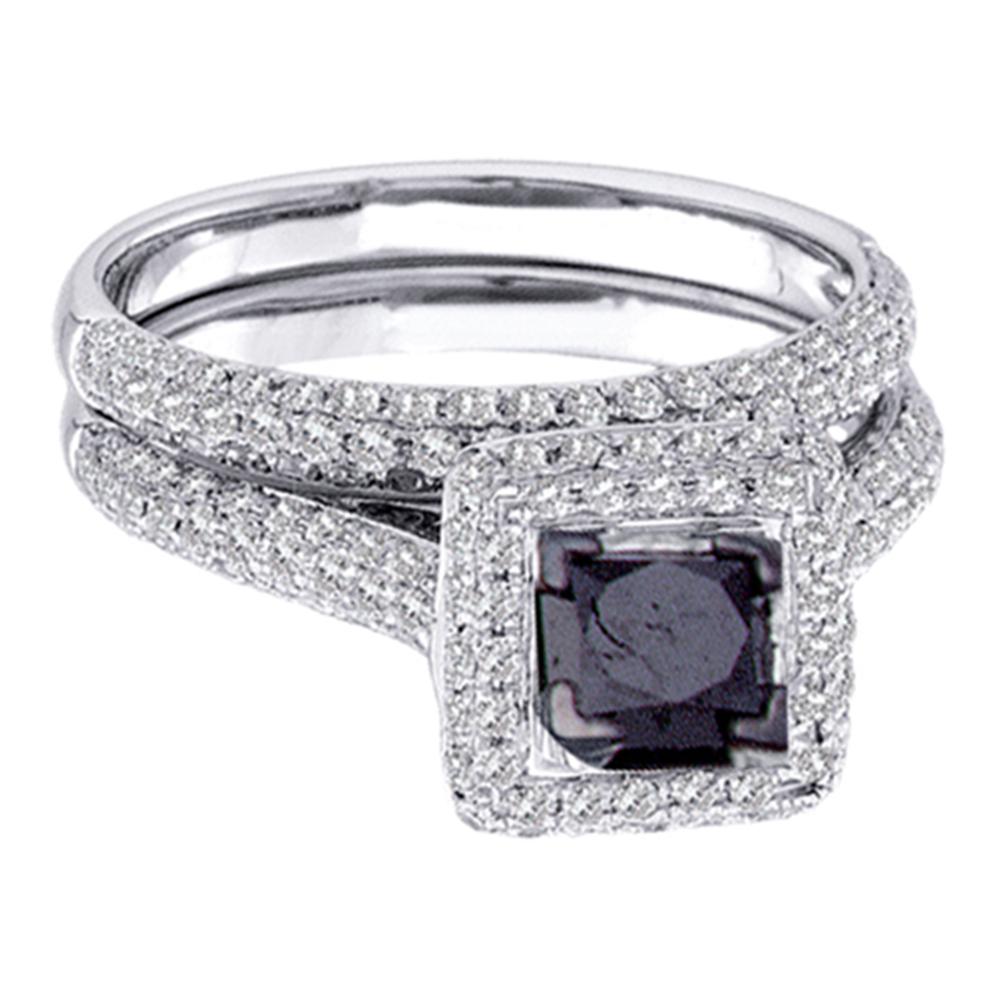 14k White Gold Womens Black Princess Diamond Solitaire Pave Wedding Bridal Ring Set 1-1/4 Cttw Size 6