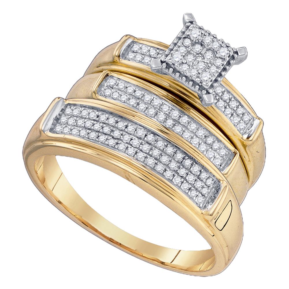 10kt Yellow Gold His & Hers Round Diamond Cluster Matching Bridal Wedding Ring Band Set 3/8 Cttw