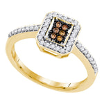 10kt Yellow Gold Womens Round Cognac-brown Color Enhanced Diamond Square Cluster Ring 1/4 Cttw