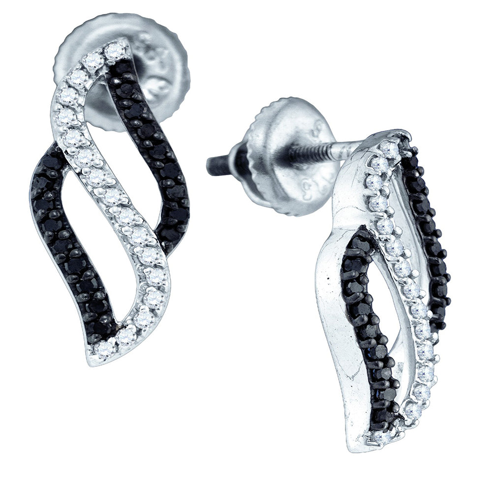 10k White Gold Black Color Enhanced Round Diamond Womens Vertical Stripe Screwback Stud Earrings 1/3 Cttw