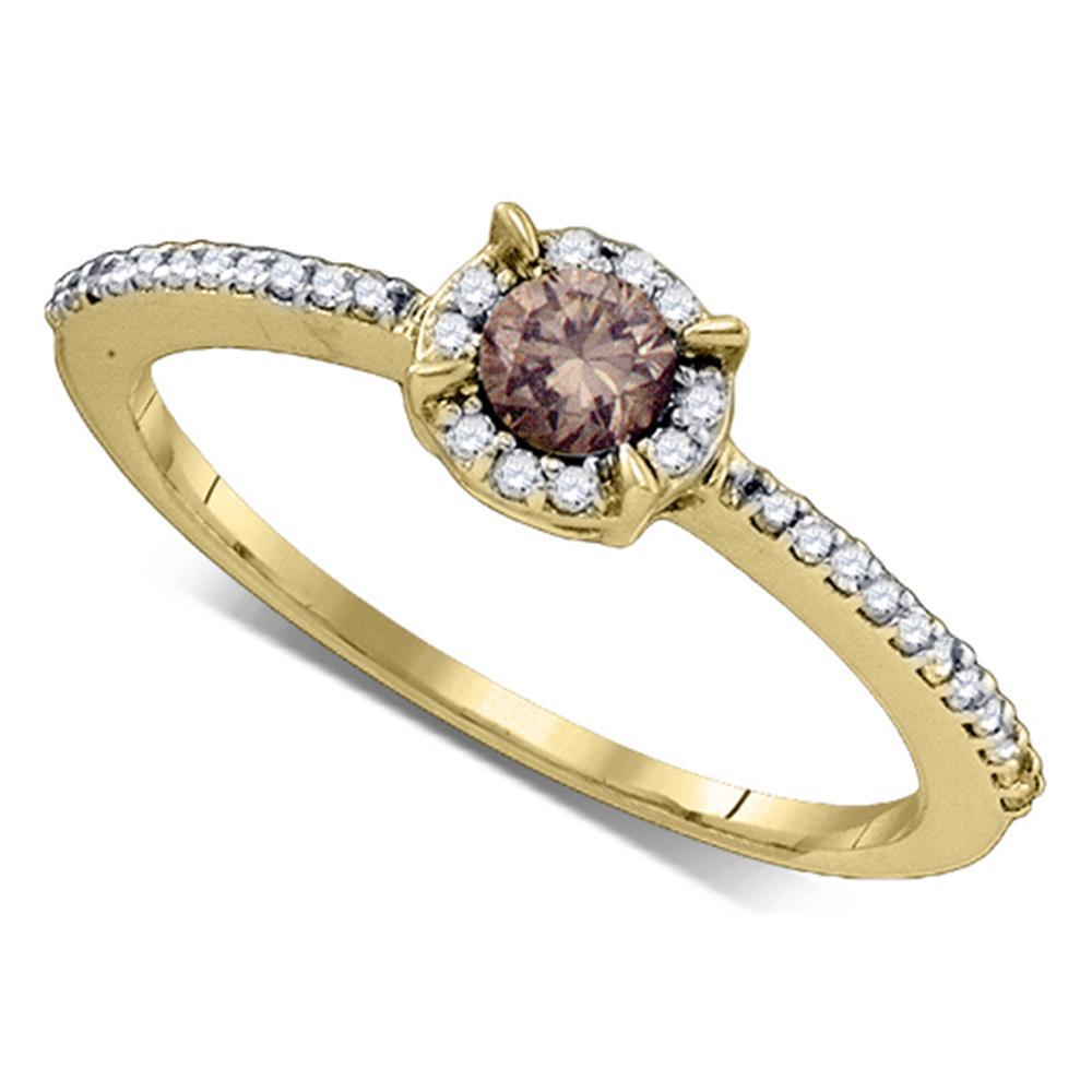 10kt Yellow Gold Womens Round Cognac-brown Color Enhanced Diamond Solitaire Bridal Wedding Engagement Ring 1/3 Cttw
