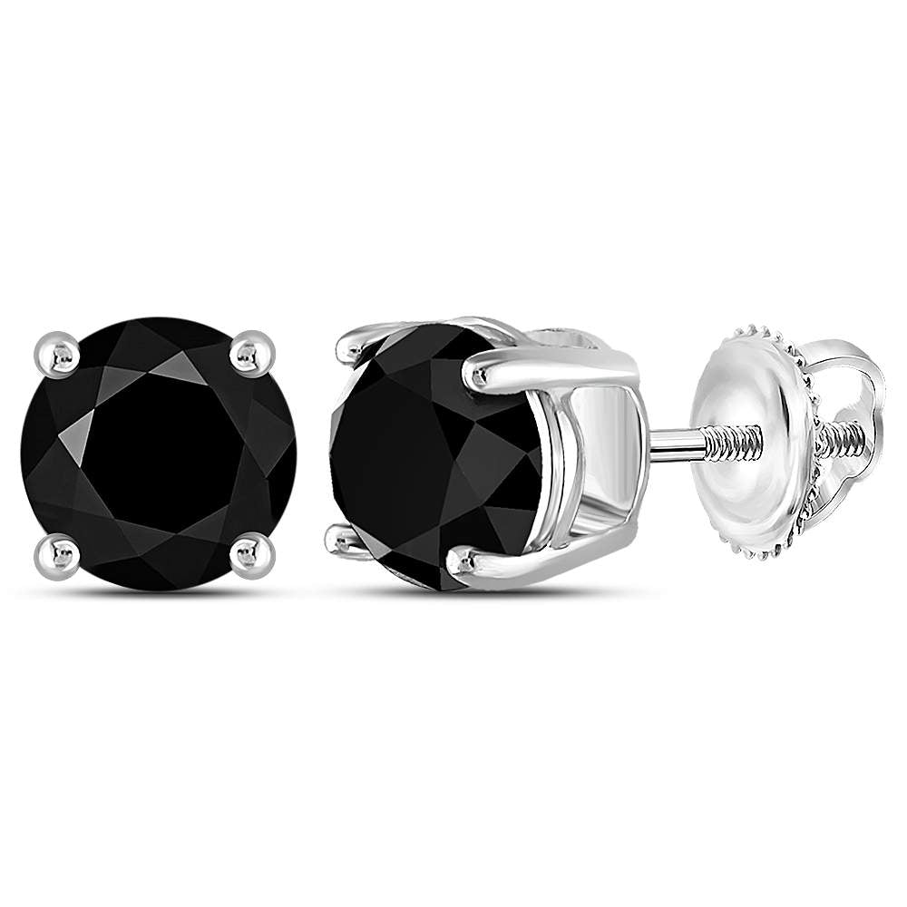 10kt White Gold Unisex Round Black Color Enhanced Diamond Solitaire Stud Earrings 5.00 Cttw