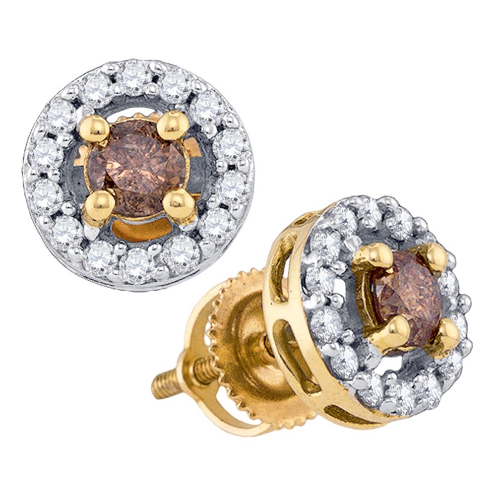 10k Yellow Gold Womens Cognac-brown Color Enhanced Round Diamond Screwback Stud Earrings 3/4 Cttw
