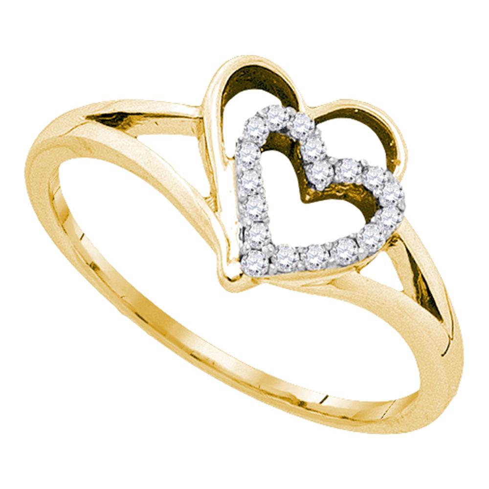10kt Yellow Gold Womens Round Diamond Double Nested Heart Love Ring 1/8 Cttw