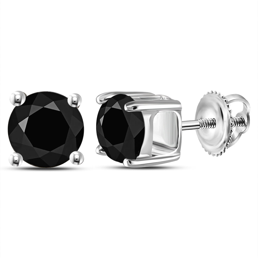 14kt White Gold Unisex Round Black Color Enhanced Diamond Solitaire Stud Earrings 2.00 Cttw