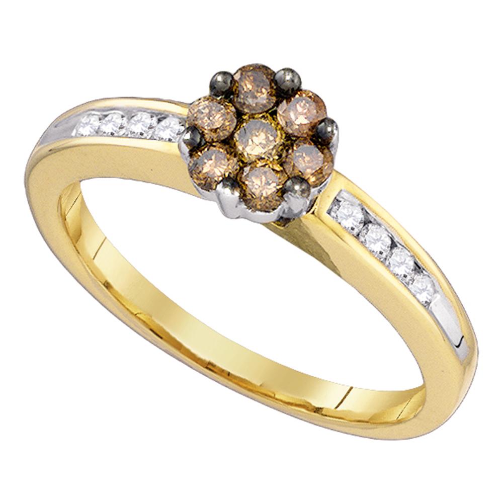 10kt Yellow Gold Womens Round Cognac-brown Color Enhanced Diamond Cluster Ring 1/2 Cttw
