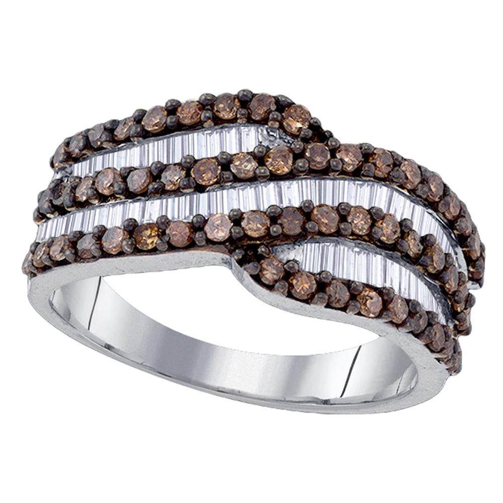 Sterling Silver Womens Round Cognac-brown Color Enhanced Diamond Crossover Band 1-1/3 Cttw