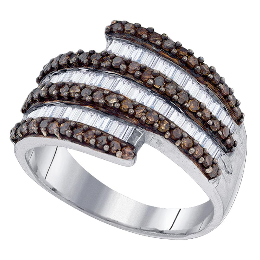 Sterling Silver Womens Round Cognac-brown Color Enhanced Diamond Stripe Band 1-1/20 Cttw
