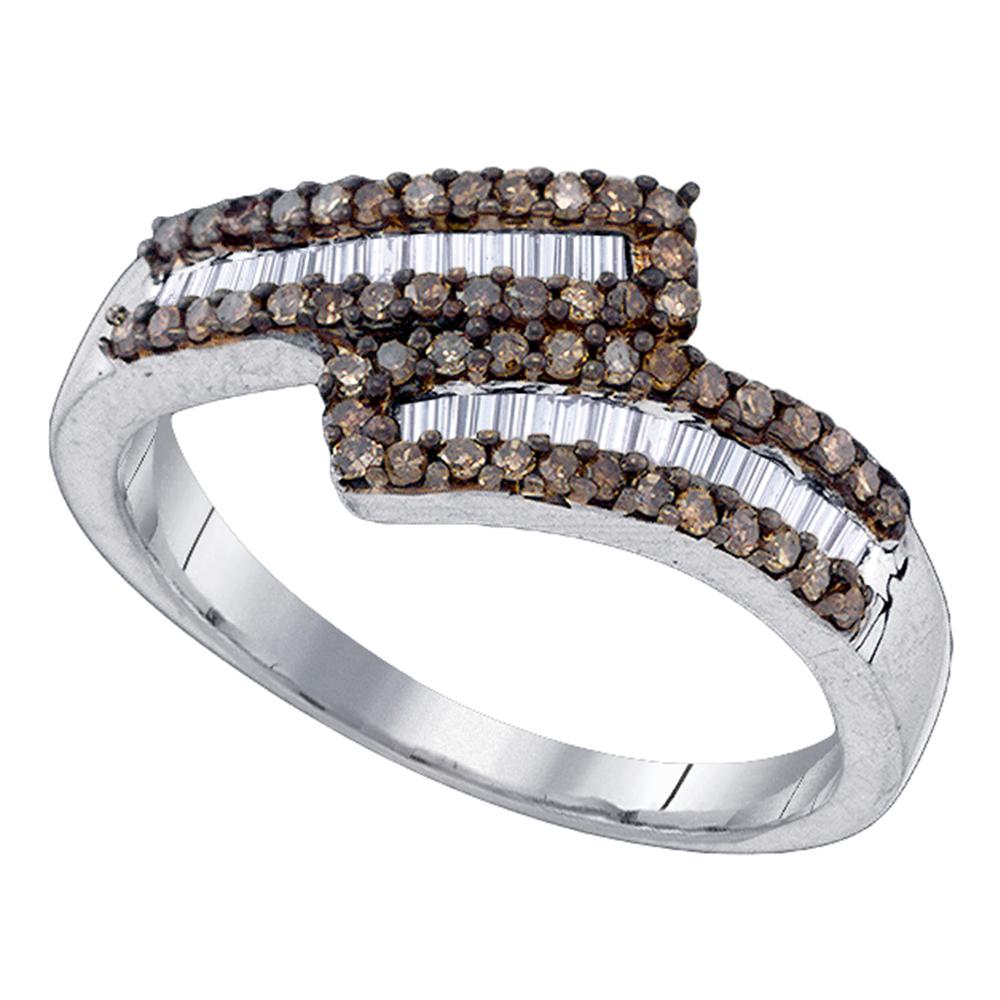 Sterling Silver Womens Round Cognac-brown Color Enhanced Diamond Bypass Band Ring 1/2 Cttw