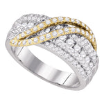 10kt White Gold Womens Round Diamond Yellow-tone Crossover Stripe Band Ring 1.00 Cttw
