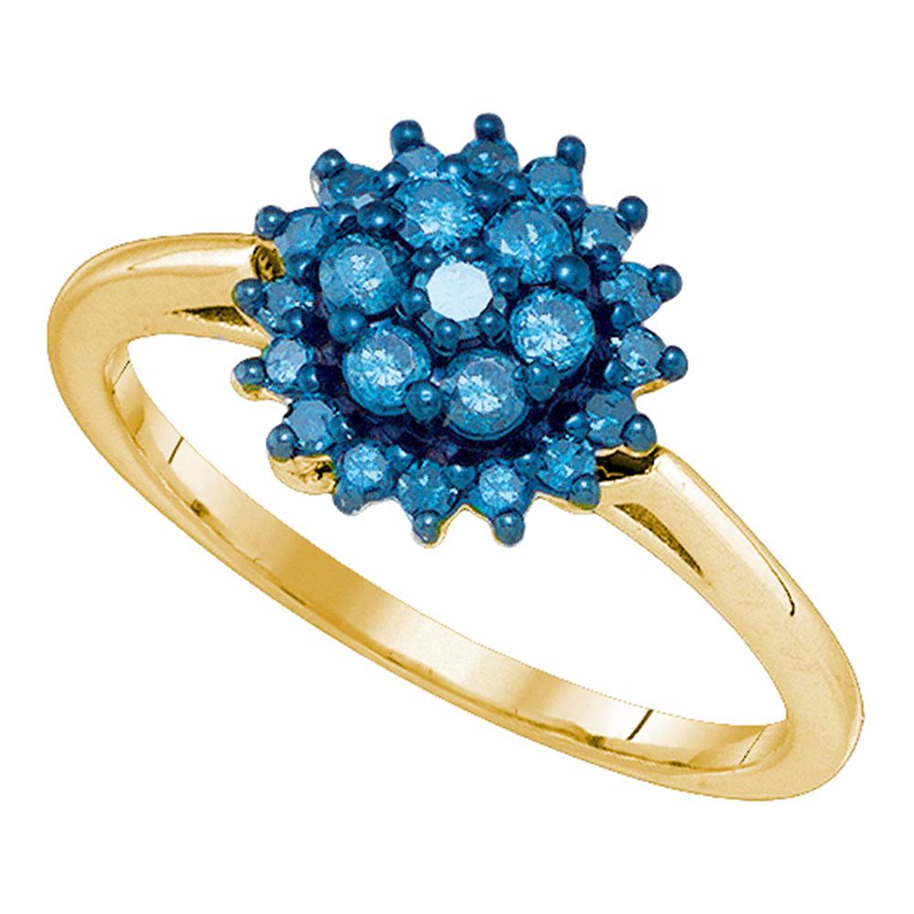 10kt Yellow Gold Womens Round Blue Color Enhanced Diamond Flower Cluster Ring 3/8 Cttw