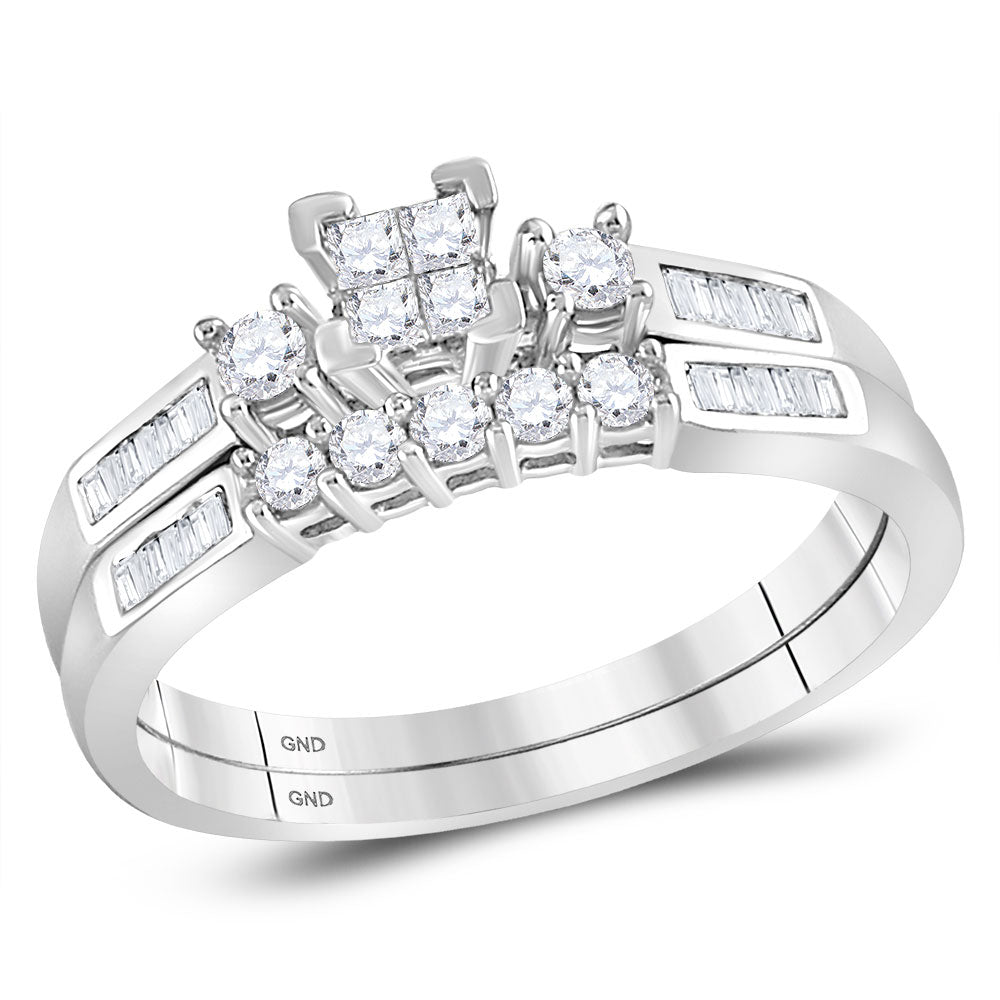 10kt White Gold Womens Princess Diamond Bridal Wedding Engagement Ring Band Set 3/8 Cttw