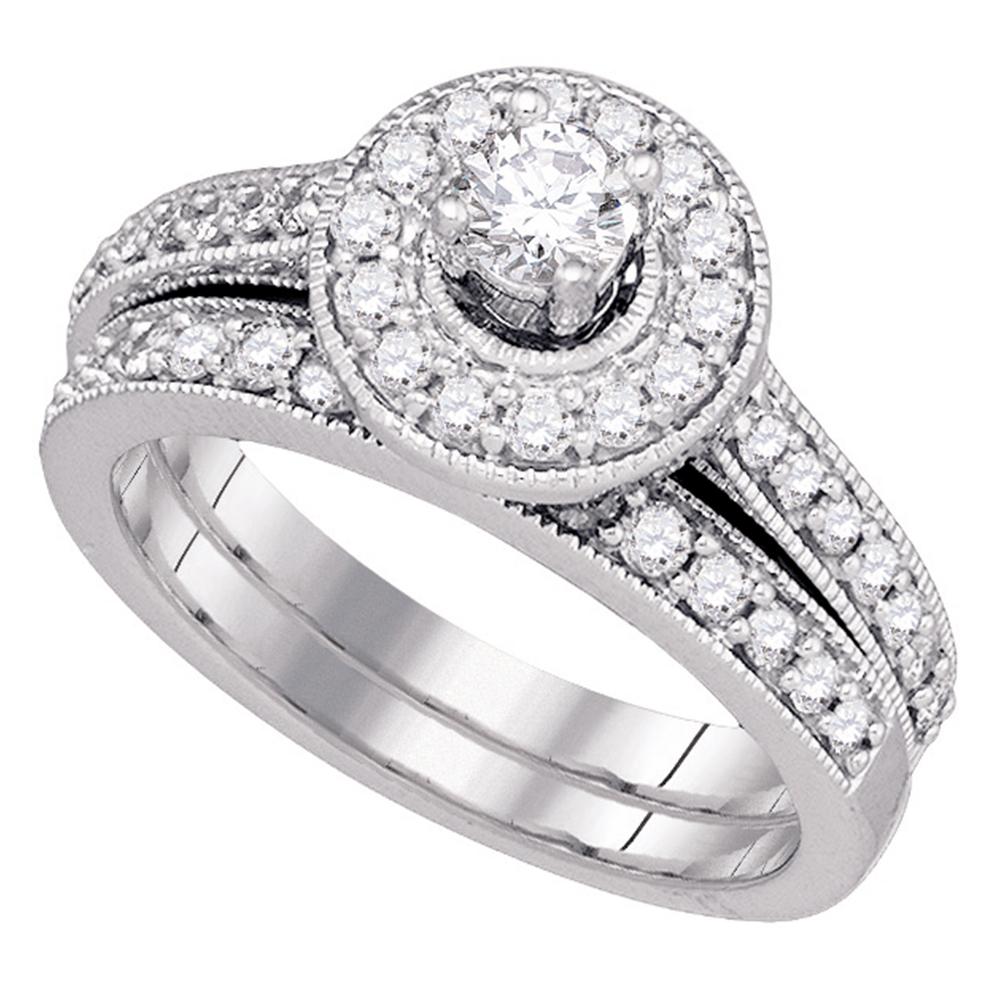 14kt White Gold Womens Round Diamond Halo Bridal Wedding Engagement Ring Band Set 1.00 Cttw