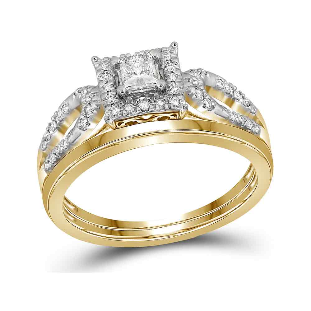 10kt Yellow Gold Womens Princess Diamond Halo Bridal Wedding Engagement Ring Band Set 1/4 Cttw