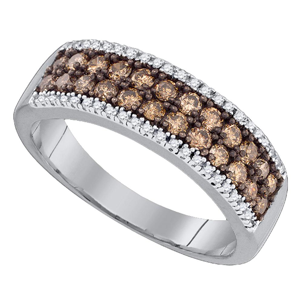 14kt White Gold Womens Round Cognac-brown Color Enhanced Diamond 2-row Band Ring 3/4 Cttw