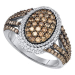 10kt White Gold Womens Round Cognac-brown Color Enhanced Diamond Oval Cluster Roped Ring 1-1/5 Cttw
