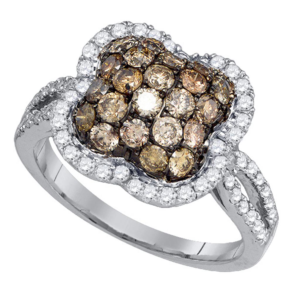 10kt White Gold Womens Round Cognac-brown Color Enhanced Diamond Quatrefoil Cluster Ring 1-1/2 Cttw