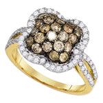 10kt Yellow Gold Womens Round Cognac-brown Color Enhanced Diamond Quatrefoil Cluster Ring 1-1/2 Cttw