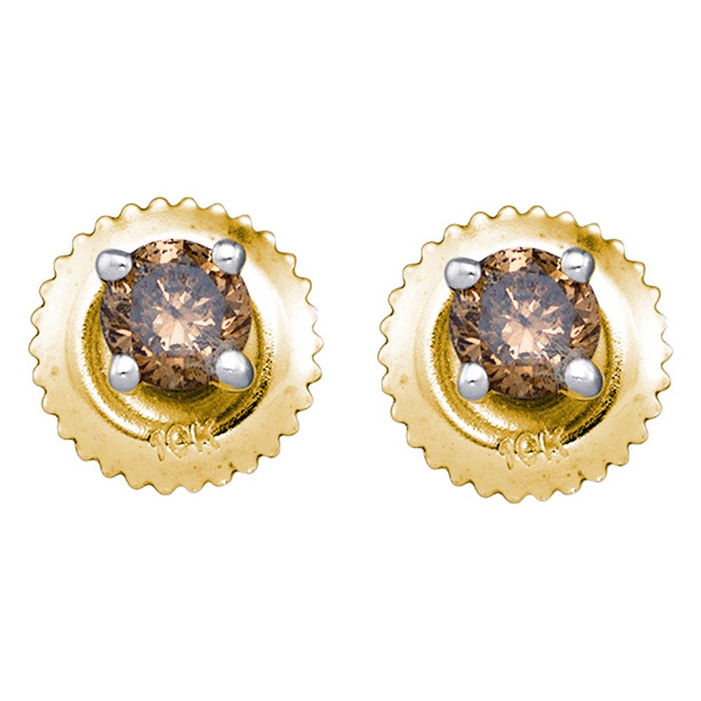 10kt Yellow Gold Womens Round Brown Color Enhanced Diamond Solitaire Stud Earrings 1/4 Cttw