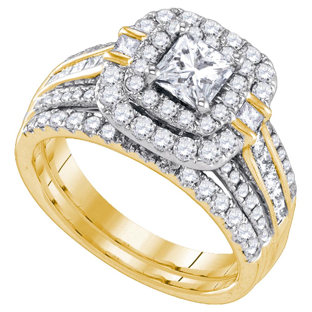 14k Yellow Gold Womens Princess Diamond Double Halo Bridal Wedding Engagement Ring Set 2 Cttw