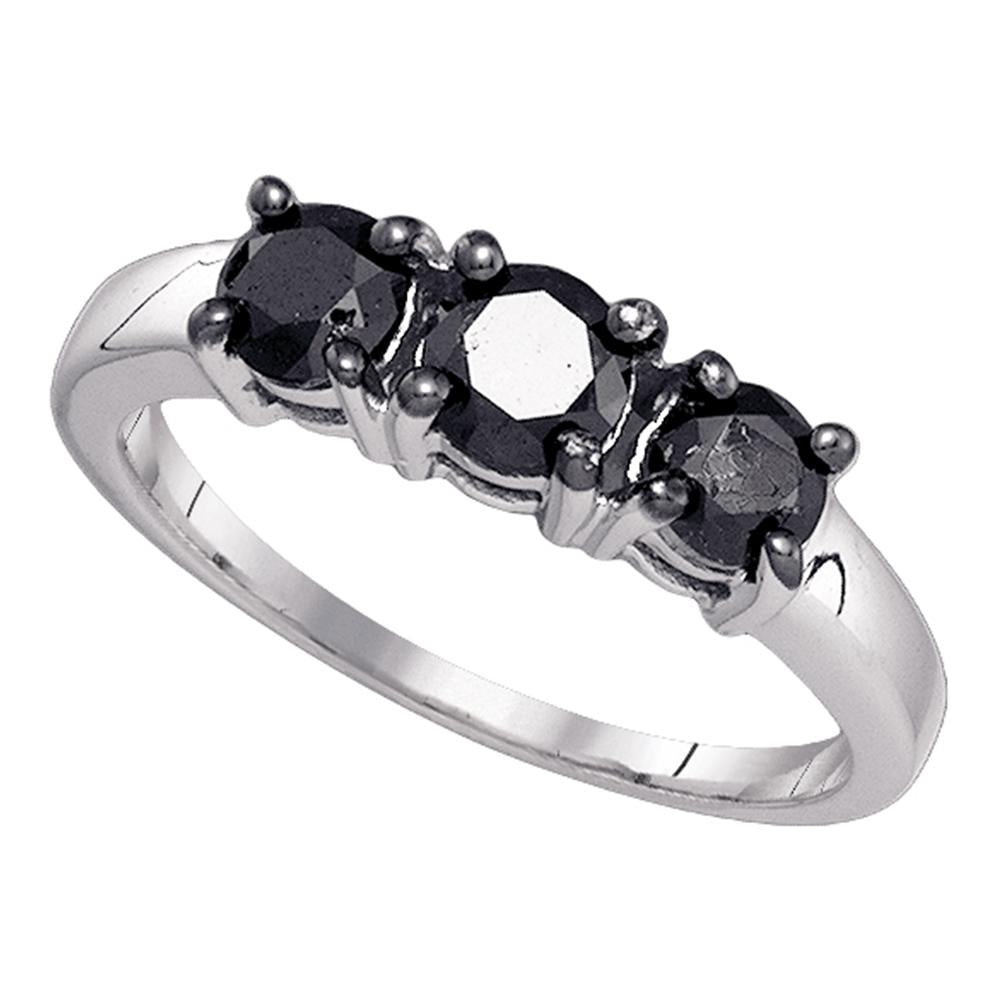 10kt White Gold Womens Round Black Color Enhanced Diamond 3-stone Bridal Wedding Engagement Ring 1.00 Cttw