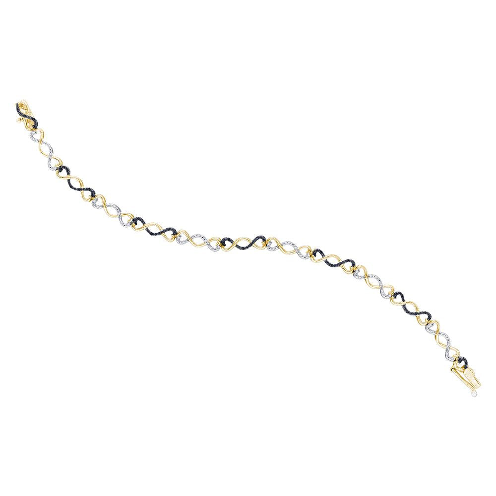 Yellow-tone Sterling Silver Womens Round Black Color Enhanced Diamond Infinity Bracelet 1/4 Cttw