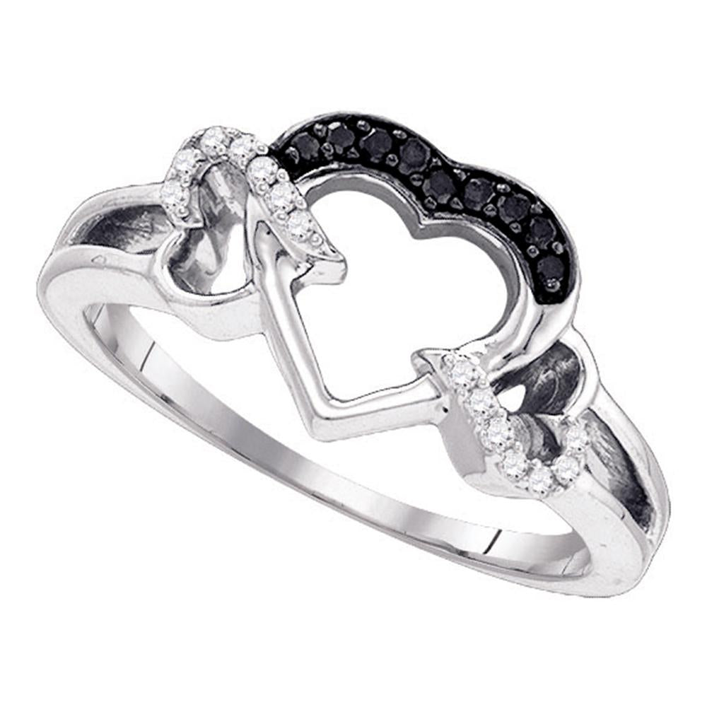 Sterling Silver Womens Round Black Color Enhanced Diamond Heart Love Ring 1/8 Cttw