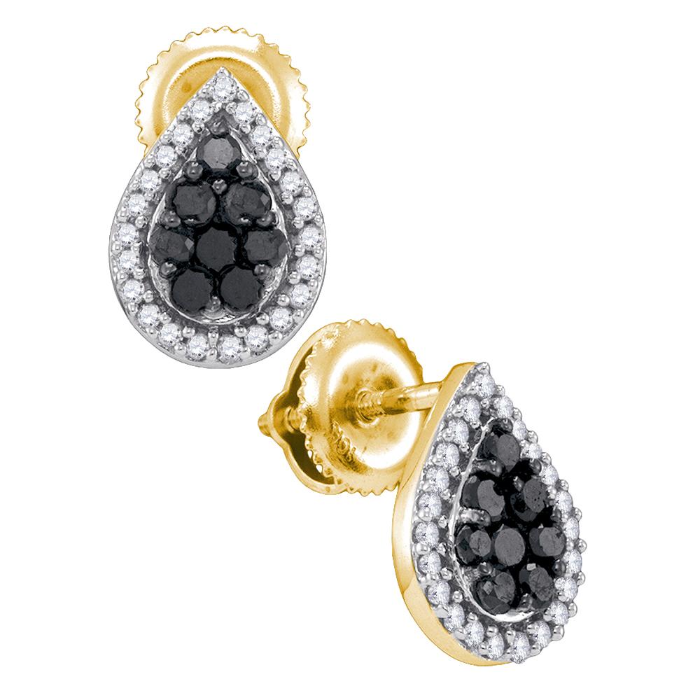 10kt Yellow Gold Womens Round Black Color Enhanced Diamond Teardrop Cluster Stud Earrings 1/2 Cttw