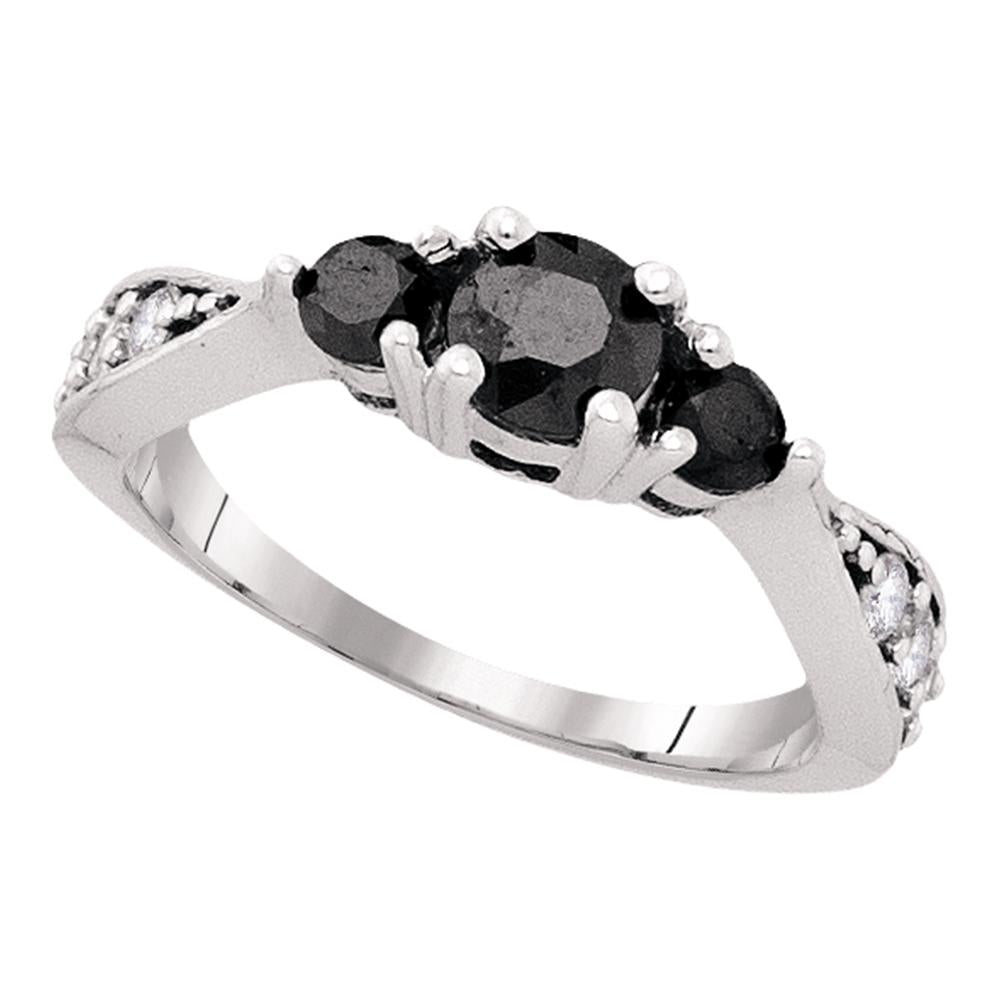 10kt White Gold Womens Round Black Color Enhanced Diamond 3-stone Bridal Wedding Engagement Ring 1.00 Cttw