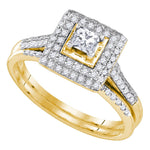 14kt Yellow Gold Womens Round Diamond Square Halo Bridal Wedding Engagement Ring Band Set 1/5 Cttw