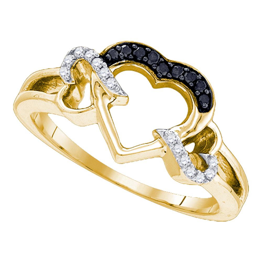 Yellow-tone Sterling Silver Womens Round Black Color Enhanced Diamond Heart Love Ring 1/8 Cttw