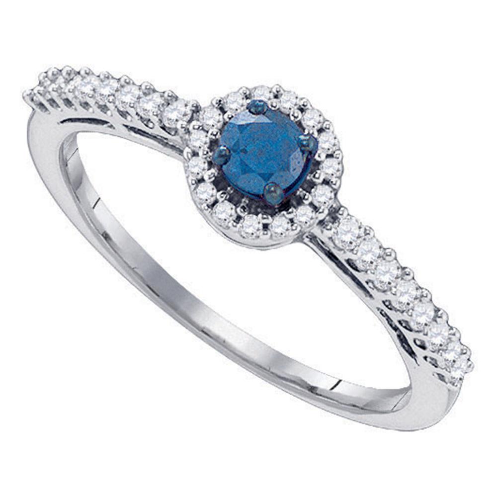 10kt White Gold Womens Round Blue Color Enhanced Diamond Solitaire Halo Bridal Wedding Engagement Ring 3/8 Cttw