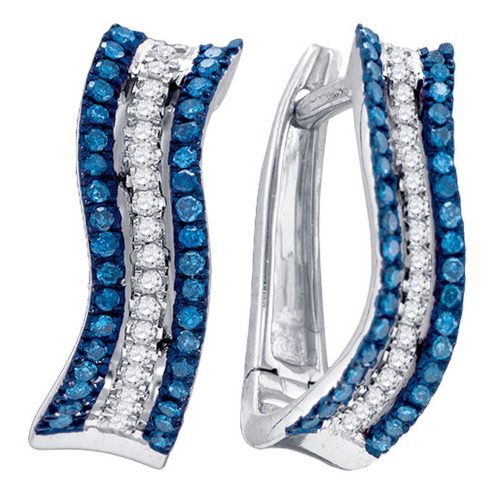 10kt White Gold Womens Round Blue Color Enhanced Diamond Striped Hoop Earrings 1/4 Cttw