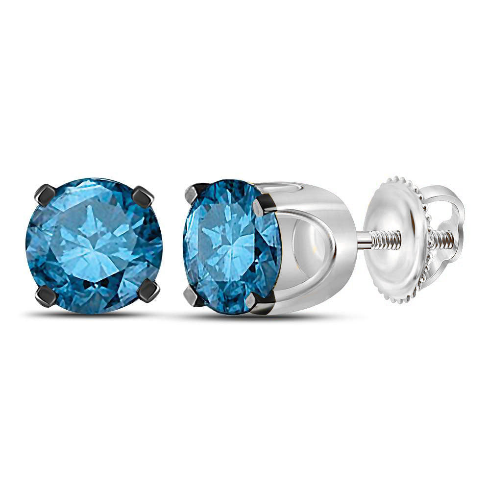 10kt White Gold Womens Round Blue Color Enhanced Diamond Solitaire Stud Earrings 1.00 Cttw