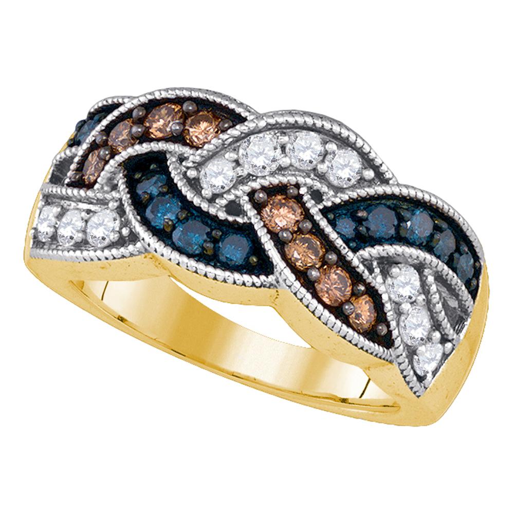 10kt Yellow Gold Womens Round Brown Blue Color Enhanced Diamond Woven Band Ring 1.00 Cttw