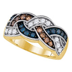 10kt Yellow Gold Womens Round Brown Blue Color Enhanced Diamond Woven Band Ring 1.00 Cttw