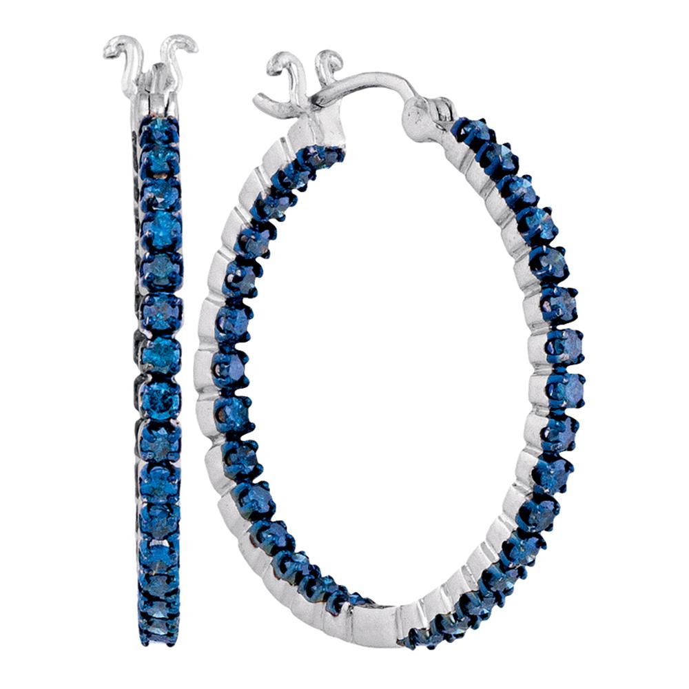 10kt White Gold Womens Round Blue Color Enhanced Diamond Inside-Outside Hoop Earrings 1-5/8 Cttw