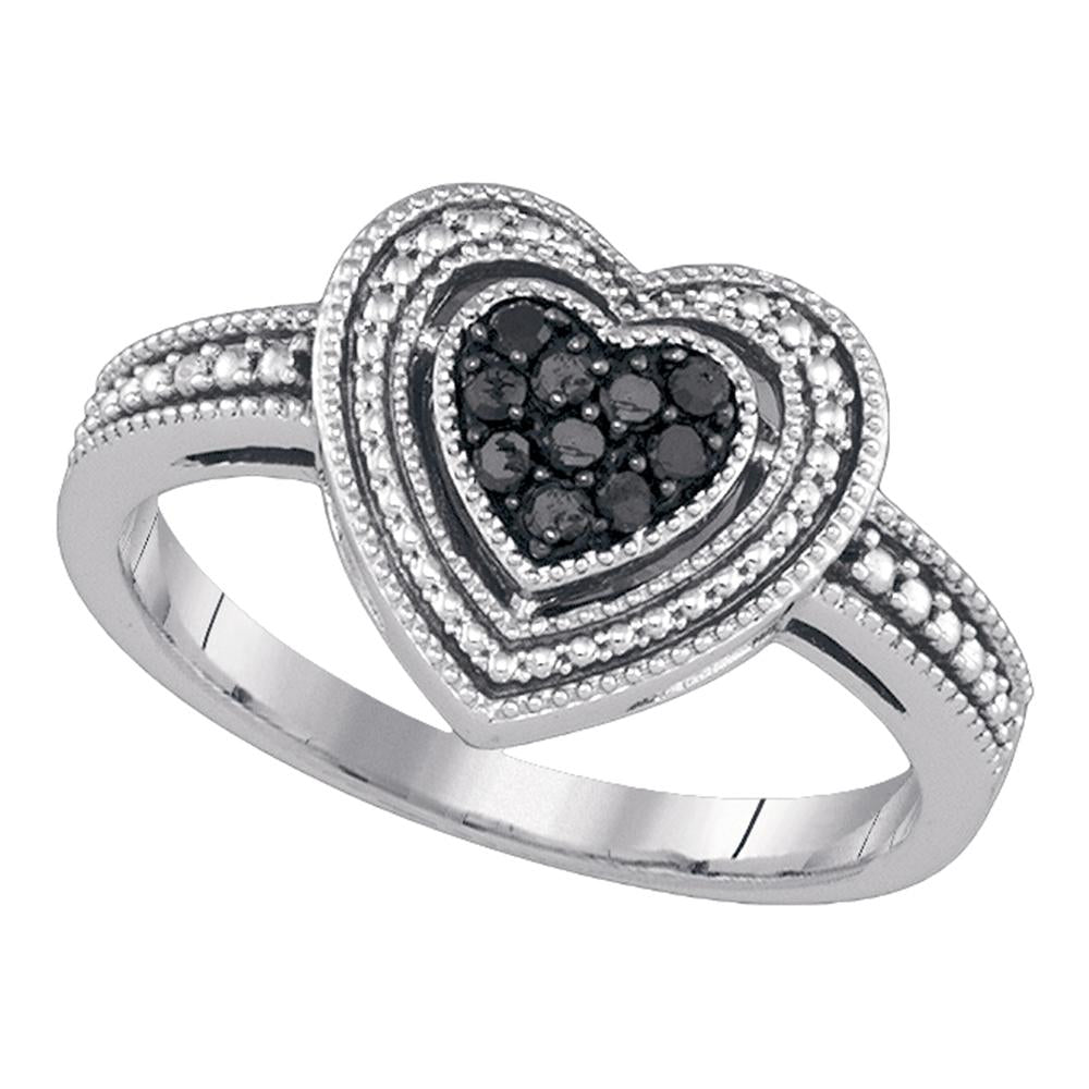 Sterling Silver Womens Round Black Color Enhanced Diamond Milgrain Heart Cluster Ring 1/4 Cttw